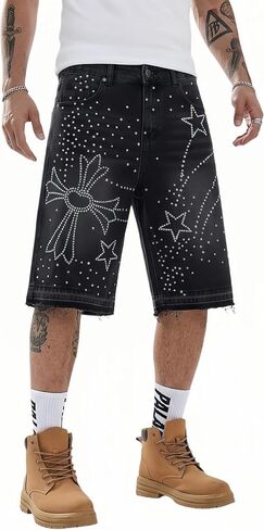 شورت جينز رجالي من حجر الراين ستار آند كروس، Y2K Hip Hop فضفاض Jorts، شورت جينز مغسول برسومات قوطي للرجال in Kuwait