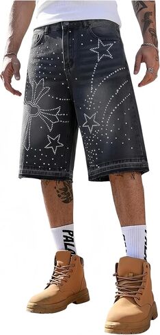 شورت جينز رجالي من حجر الراين ستار آند كروس، Y2K Hip Hop فضفاض Jorts، شورت جينز مغسول برسومات قوطي للرجال in Kuwait