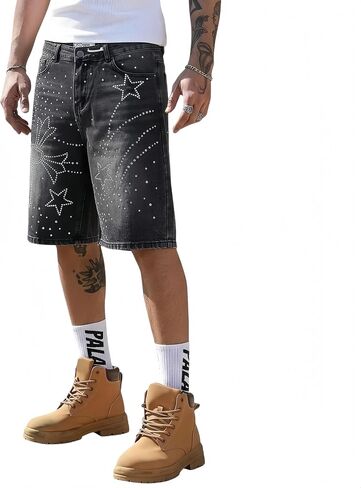 شورت جينز رجالي من حجر الراين ستار آند كروس، Y2K Hip Hop فضفاض Jorts، شورت جينز مغسول برسومات قوطي للرجال in Kuwait