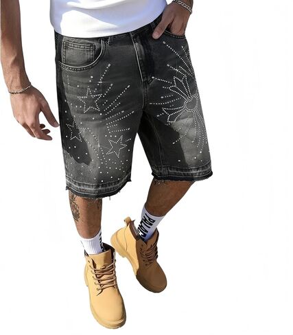 شورت جينز رجالي من حجر الراين ستار آند كروس، Y2K Hip Hop فضفاض Jorts، شورت جينز مغسول برسومات قوطي للرجال in Kuwait