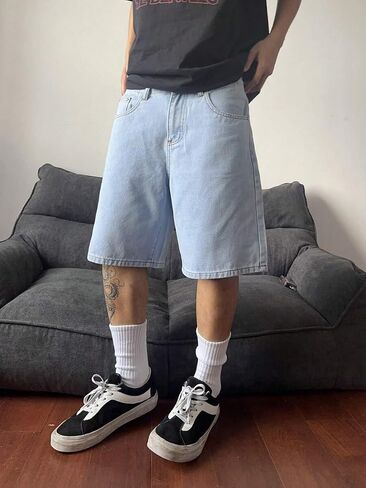 شورت جينز فضفاض للرجال من Jorts Streetwear كاجوال واسع الساق من قماش الدنيم مع جيوب in Kuwait