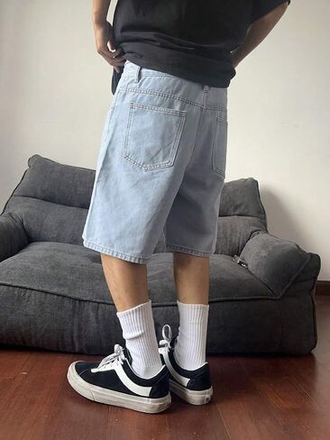 شورت جينز فضفاض للرجال من Jorts Streetwear كاجوال واسع الساق من قماش الدنيم مع جيوب in Kuwait