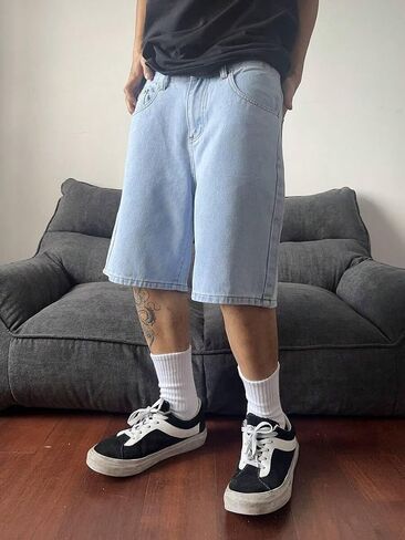 شورت جينز فضفاض للرجال من Jorts Streetwear كاجوال واسع الساق من قماش الدنيم مع جيوب in Kuwait