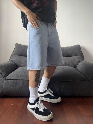 شورت جينز فضفاض للرجال من Jorts Streetwear كاجوال واسع الساق من قماش الدنيم مع جيوب in Kuwait