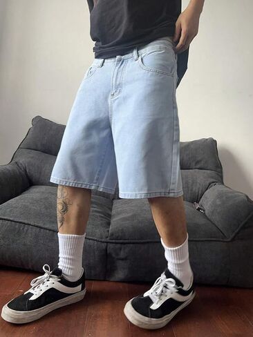 شورت جينز فضفاض للرجال من Jorts Streetwear كاجوال واسع الساق من قماش الدنيم مع جيوب in Kuwait