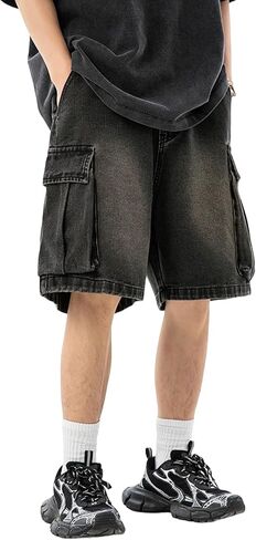 Men's Elastic Drawstring Waist Loose Baggy Hip Hop Skateboard Cargo Denim Jeans Shorts in Kuwait