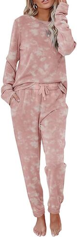 2 Piece Pjs Set For Womens Pajamas Lounge Set Long Sleeve Joggers Pants Sleepwear with Pockets in Kuwait