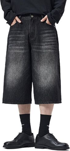 Men's Wide Leg Capri Jeans Loose-Fit Ripped Hip Hop Denim Shorts Pants in Saudi Arabia