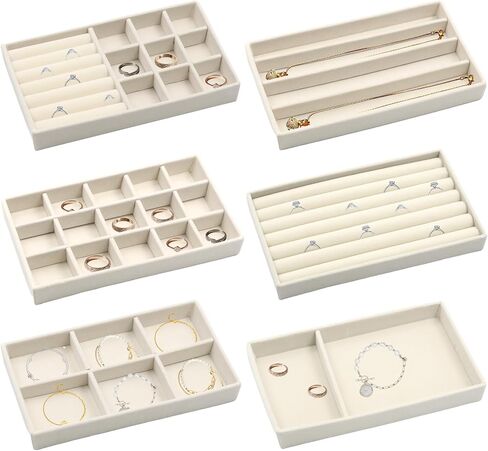 6 Pcs Velvet Jewelry Organizer Trays for Drawers Stackable Jewelry Display Tray for Storage Display Case with Removable Dividers for Rings Earrings Necklaces Bracelets (Beige) in Saudi Arabia