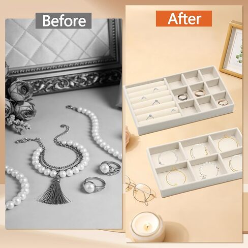 6 Pcs Velvet Jewelry Organizer Trays for Drawers Stackable Jewelry Display Tray for Storage Display Case with Removable Dividers for Rings Earrings Necklaces Bracelets (Beige) in Saudi Arabia
