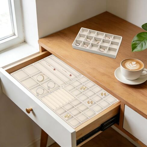 6 Pcs Velvet Jewelry Organizer Trays for Drawers Stackable Jewelry Display Tray for Storage Display Case with Removable Dividers for Rings Earrings Necklaces Bracelets (Beige) in Saudi Arabia