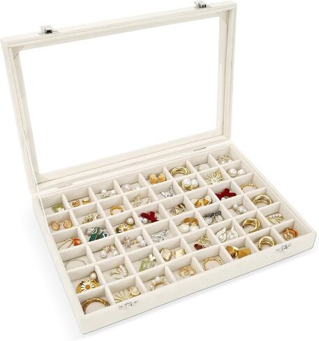 48 Grid Velvet Stud Earring Organizer Storage Tray, Adjustable Earring Holder Organizer with Clear Lid, Jewelry Display Box for Earrings, Rings, Necklaces and Studs, Gift for Women and Girls in Saudi Arabia