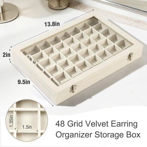 48 Grid Velvet Stud Earring Organizer Storage Tray, Adjustable Earring Holder Organizer with Clear Lid, Jewelry Display Box for Earrings, Rings, Necklaces and Studs, Gift for Women and Girls in Saudi Arabia