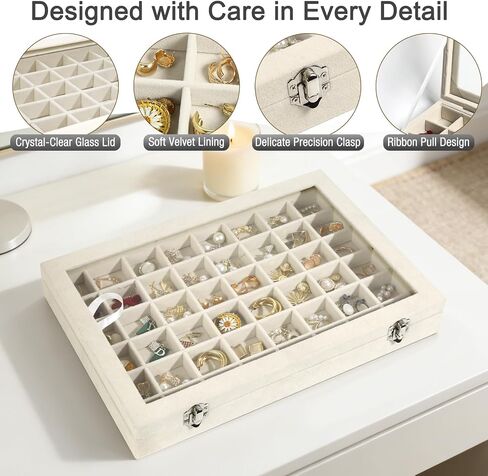 48 Grid Velvet Stud Earring Organizer Storage Tray, Adjustable Earring Holder Organizer with Clear Lid, Jewelry Display Box for Earrings, Rings, Necklaces and Studs, Gift for Women and Girls in Saudi Arabia