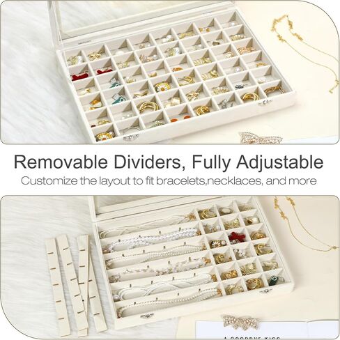 48 Grid Velvet Stud Earring Organizer Storage Tray, Adjustable Earring Holder Organizer with Clear Lid, Jewelry Display Box for Earrings, Rings, Necklaces and Studs, Gift for Women and Girls in Saudi Arabia
