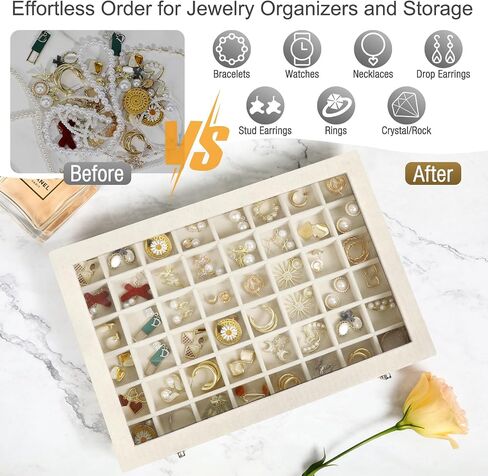 48 Grid Velvet Stud Earring Organizer Storage Tray, Adjustable Earring Holder Organizer with Clear Lid, Jewelry Display Box for Earrings, Rings, Necklaces and Studs, Gift for Women and Girls in Saudi Arabia