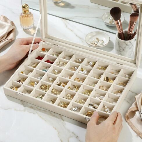 48 Grid Velvet Stud Earring Organizer Storage Tray, Adjustable Earring Holder Organizer with Clear Lid, Jewelry Display Box for Earrings, Rings, Necklaces and Studs, Gift for Women and Girls in Saudi Arabia