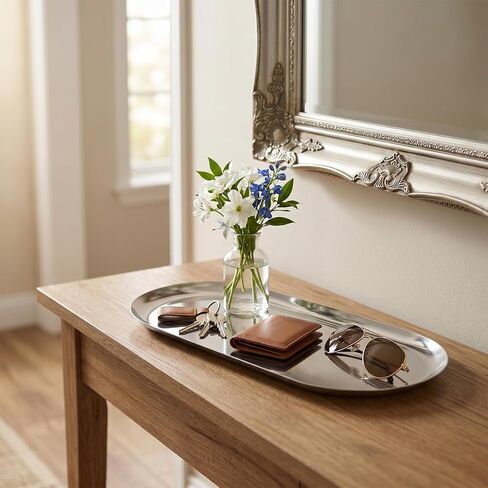 8 Pack 12 x 5 Inch Oval Stainless Steel Decorative Tray, Silver, Metal Serving Jewelry Tray for Bathroom Makeup in Kuwait