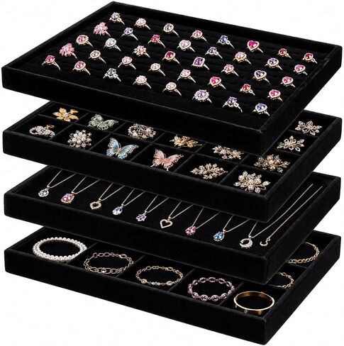 4 Pack Jewelry Tray, Stackable Velvet Jewelry Organizer Tray Jewelry-Tray Stackable Jewelry-Trays 3.8"x9.5"x1.2" Divided Ring Organizer-Tray for Necklace Earring Ring Watch Bracelet,Black in Saudi Arabia