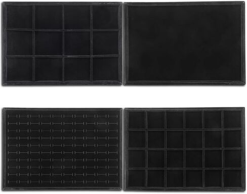 4 Pack Jewelry Tray, Stackable Velvet Jewelry Organizer Tray Jewelry-Tray Stackable Jewelry-Trays 3.8"x9.5"x1.2" Divided Ring Organizer-Tray for Necklace Earring Ring Watch Bracelet,Black in Saudi Arabia