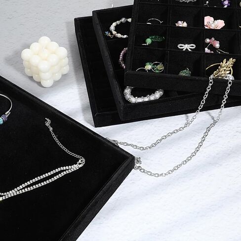 4 Pack Jewelry Tray, Stackable Velvet Jewelry Organizer Tray Jewelry-Tray Stackable Jewelry-Trays 3.8"x9.5"x1.2" Divided Ring Organizer-Tray for Necklace Earring Ring Watch Bracelet,Black in Saudi Arabia