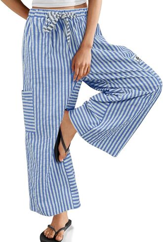 TARSE Women’s Striped Wide Leg Pants Drawstring Casual Boho Palazzo Pants Loose Lounge Beach Vacation Trousers in Saudi Arabia