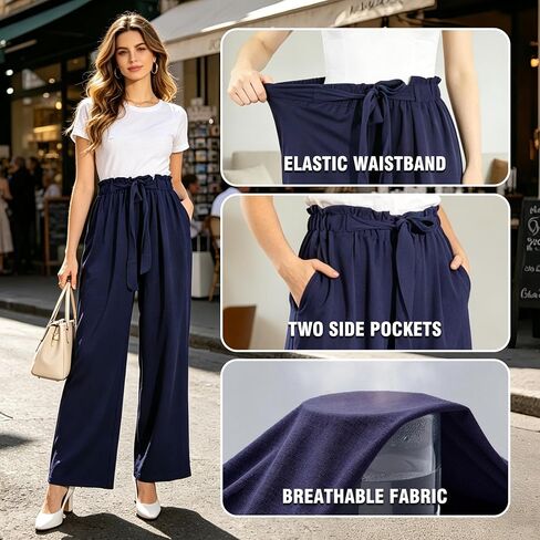 Women Wide Leg Casual Pants High Waist Flowy Palazzo Trousers Adjustable Knot Stylish Lounge Business Pants with Pockets in Saudi Arabia
