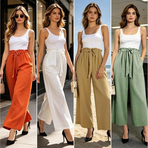 Women Wide Leg Casual Pants High Waist Flowy Palazzo Trousers Adjustable Knot Stylish Lounge Business Pants with Pockets in Saudi Arabia