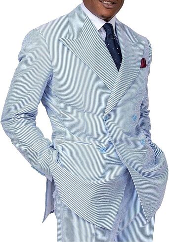 Seersucker Suit Mens Striped 2 PCS Casual Wide Peak Lapel Wedding Beach Leisure Summer Beach Tuxedos Jacket Pant in Saudi Arabia