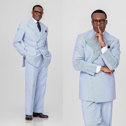 Seersucker Suit Mens Striped 2 PCS Casual Wide Peak Lapel Wedding Beach Leisure Summer Beach Tuxedos Jacket Pant in Saudi Arabia