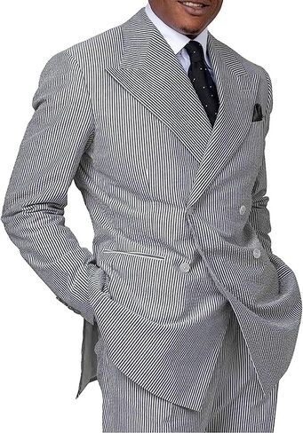Seersucker Suit Mens Striped 2 PCS Casual Wide Peak Lapel Wedding Beach Leisure Summer Beach Tuxedos Jacket Pant in Saudi Arabia
