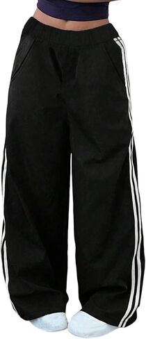 Girls Cargo Pants, Elastic Waist Wide Leg Track Pants with Side Stripes and Pockets for Teens in Kuwait