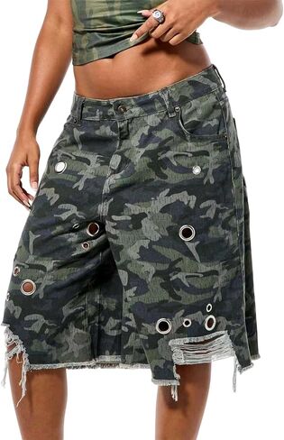 Women Casual Camo Cargo Pants High Waist Camouflage Army Fatigue Loose Wide Leg Pearl Diamond Denim Jean Short Pants in Saudi Arabia