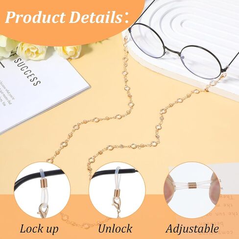 Eyeglass Chains for Women, Gold Glasses Chain, Gold Crystal Beaded Eyeglasses Chain, 72cm Eyeglasses Holders Around Neck in Kuwait