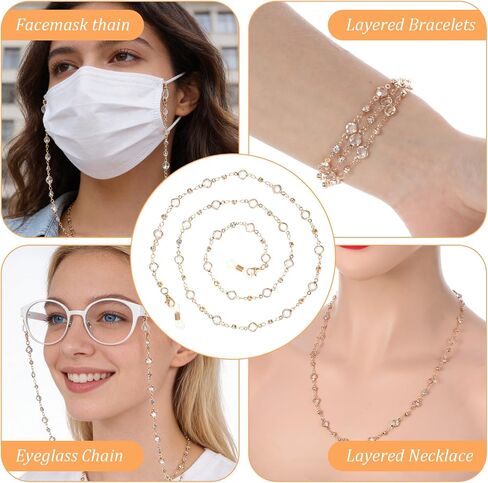 Eyeglass Chains for Women, Gold Glasses Chain, Gold Crystal Beaded Eyeglasses Chain, 72cm Eyeglasses Holders Around Neck in Kuwait