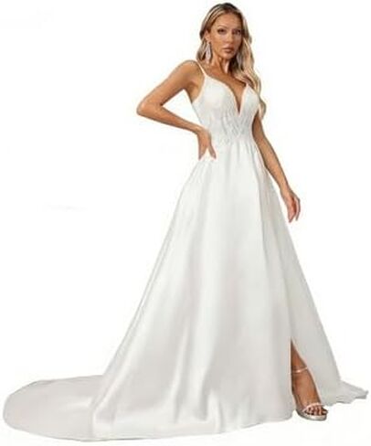 Elegant and Sexy White Satin Wedding Dress, Adorned with lace appliqués, Illusion Neckline, A-line Skirt with a Train in Saudi Arabia