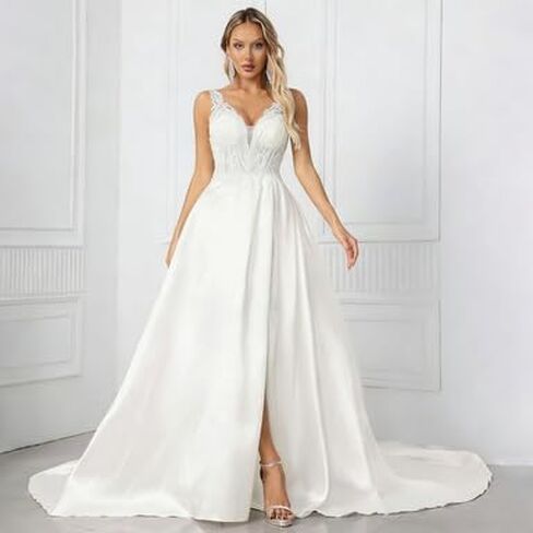 Elegant and Sexy White Satin Wedding Dress, Adorned with lace appliqués, Illusion Neckline, A-line Skirt with a Train in Saudi Arabia
