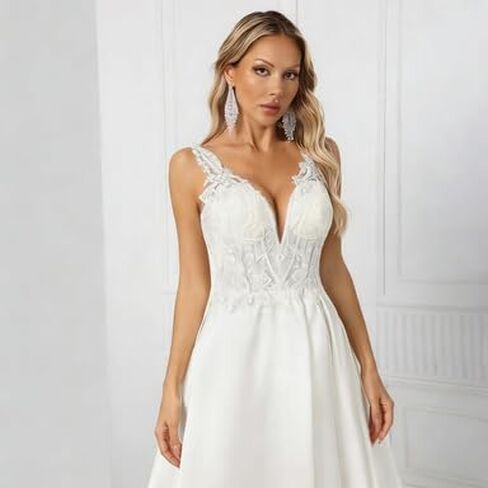 Elegant and Sexy White Satin Wedding Dress, Adorned with lace appliqués, Illusion Neckline, A-line Skirt with a Train in Saudi Arabia