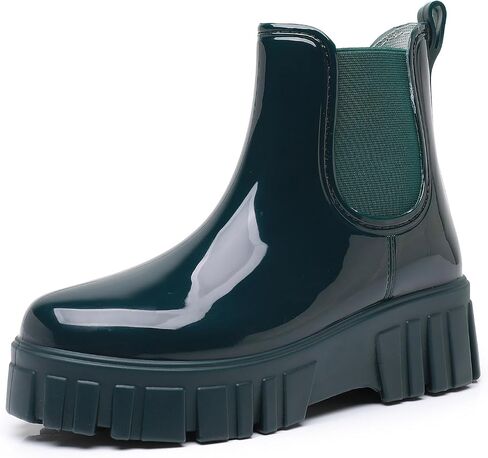 Drecage Waterproof Womens Chelsea Rain Boots, Stylish Glossy Short Rubber Ankle Boots, Lightweight Chunky Platform Heel Garden Rain Shoes, Slip-On Non Slip Booties in Saudi Arabia