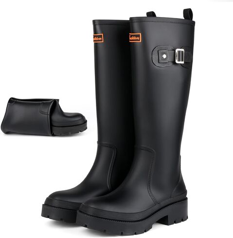 Women’s Rain Boots Waterproof Knee High Rubber Garden Boots – Anti Slip PVC Tall Rain Boots for Women, Foldable Lightweight Boots for Gardening, Farming, Yard Work (Black, 9) in Saudi Arabia