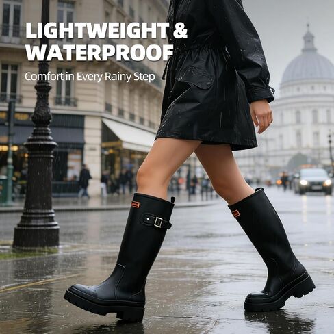Women’s Rain Boots Waterproof Knee High Rubber Garden Boots – Anti Slip PVC Tall Rain Boots for Women, Foldable Lightweight Boots for Gardening, Farming, Yard Work (Black, 9) in Saudi Arabia