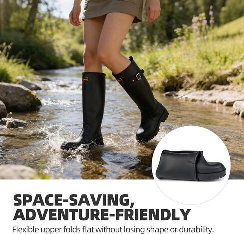 Women’s Rain Boots Waterproof Knee High Rubber Garden Boots – Anti Slip PVC Tall Rain Boots for Women, Foldable Lightweight Boots for Gardening, Farming, Yard Work (Black, 9) in Saudi Arabia