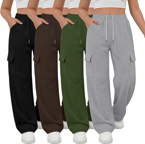 4 Pack Girls Wide Leg Sweatpants Kids Cargo Pants Interior Drawstring Baggy Casual Athletic Joggers 5-14 Years in Kuwait