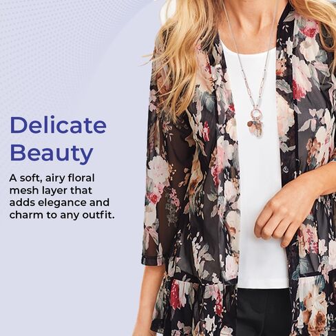 Floral Mesh Cardigan for Women, Sheer Open Front Jacket with 3/4 Sleeves, Lightweight Elegant Cover Up in Kuwait