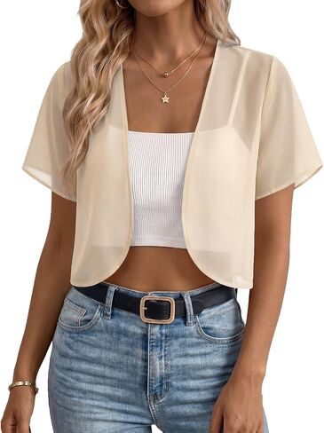 Women's Chiffon Bolero Shrug Short Sleeve Open Front Cropped Cardigan Summer Cover Up for Dress & Jeans in Kuwait