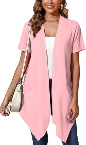Women's Lightweight Open Front Cardigans Short Sleeve Casual Soft Sheer Cardigan S-2XL with Pockets in Saudi Arabia