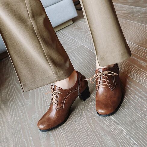SHEMEE Women's Chunky Mid Heels Oxfords Vintage Round Square Toe Block Heeled Brogues Lace Up Work Offic Dress Shoes Size 10,Brown in Saudi Arabia
