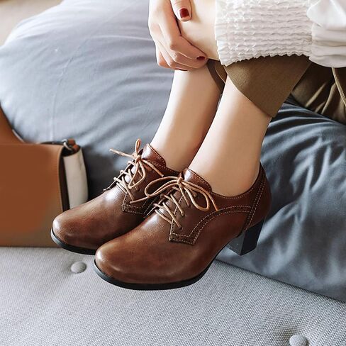 SHEMEE Women's Chunky Mid Heels Oxfords Vintage Round Square Toe Block Heeled Brogues Lace Up Work Offic Dress Shoes Size 10,Brown in Saudi Arabia
