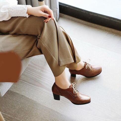 SHEMEE Women's Chunky Mid Heels Oxfords Vintage Round Square Toe Block Heeled Brogues Lace Up Work Offic Dress Shoes Size 10,Brown in Saudi Arabia