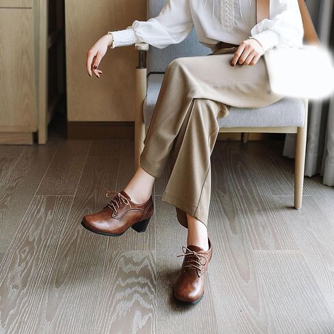 SHEMEE Women's Chunky Mid Heels Oxfords Vintage Round Square Toe Block Heeled Brogues Lace Up Work Offic Dress Shoes Size 10,Brown in Saudi Arabia